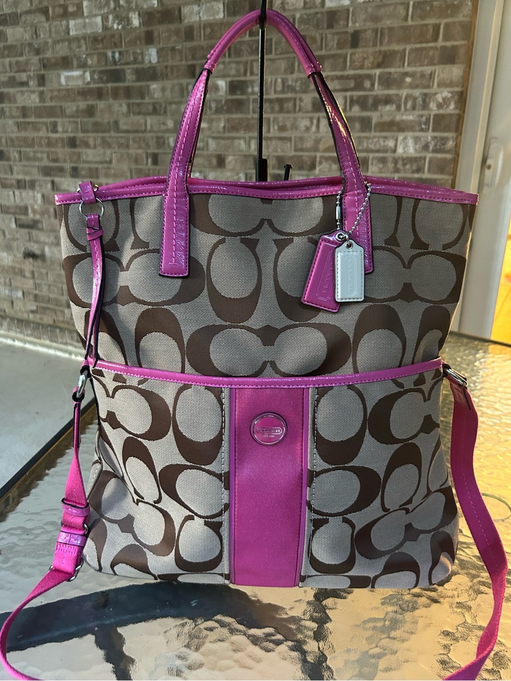 Coach F23304 Signature Stripe Foldover Tote Khaki Mulberry MSRP $328